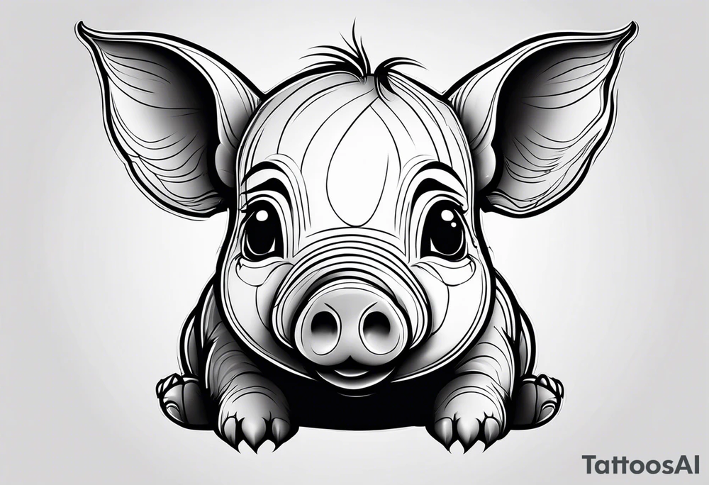 very cute chubby happy piglet.
outline only.
black and white only.
only show the piglet. no extra lines or decoration.
no black shading.
dont make the ears too big.
draw very thin lines tattoo idea