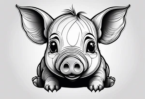 very cute chubby happy piglet.
outline only.
black and white only.
only show the piglet. no extra lines or decoration.
no black shading.
dont make the ears too big.
draw very thin lines tattoo idea