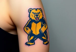 University of Northern Colorado bear mascot  standing on 2 feet with Navy blue and yellow tattoo idea