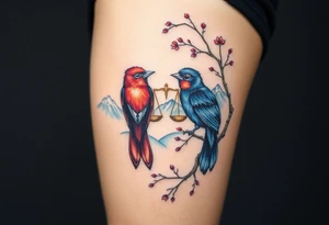 2 birds as the focus, 1 red bird in a suit, 1 navy blue bird with glasses, scales of justice in a tree, starry night painting and mountain background tattoo idea
