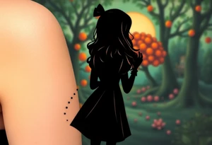 Alice in wonderland silhouette. Perspective from the back. She is entering a garden and seeing an orange tree. tattoo idea
