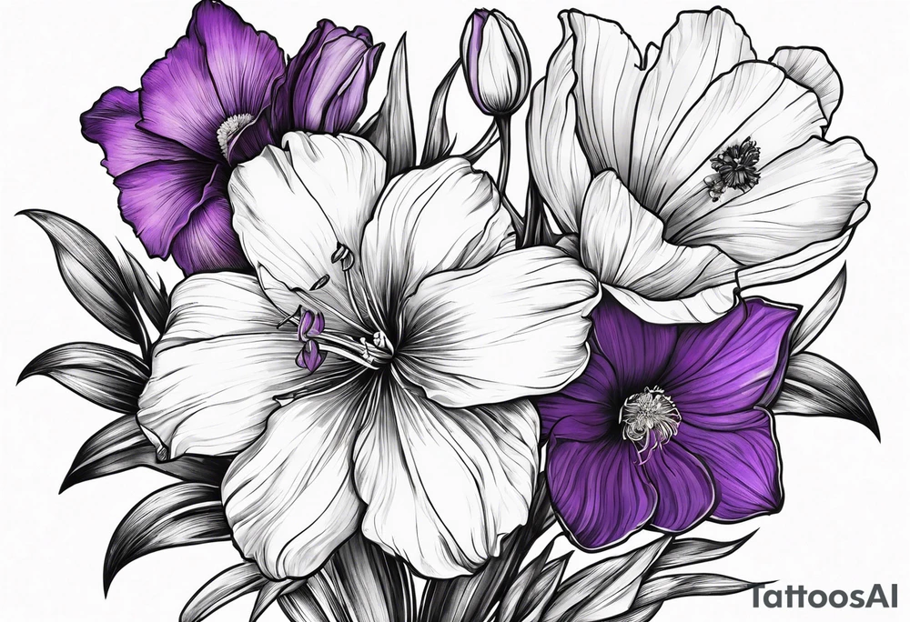 Single flower bouquet with 1 Violet, 1 Daffodil, 1 Gladiolus, 1 Poppy, 1 Cosmos tattoo idea