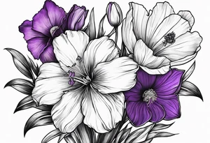 Single flower bouquet with 1 Violet, 1 Daffodil, 1 Gladiolus, 1 Poppy, 1 Cosmos tattoo idea