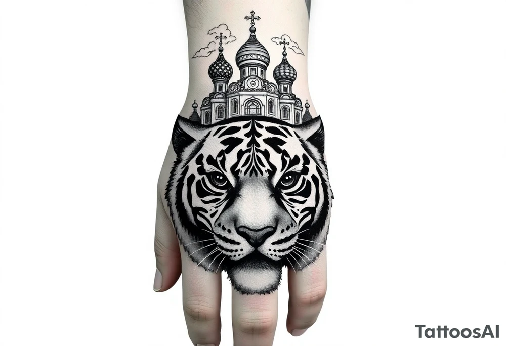 Realistic tiger face on the back of the hand with its eyes ALL black and no pupils, sitting beneath a Russian Orthodox cathedral sitting above on the top fore arm with onion domes and orthodox crosses. with clouds above and a virgin mary tattoo idea