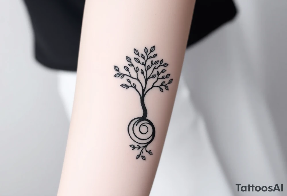 A tree with few leaves, with an outward  spiral as its roots, encircling the entire tree tattoo idea