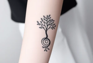 A tree with few leaves, with an outward  spiral as its roots, encircling the entire tree tattoo idea