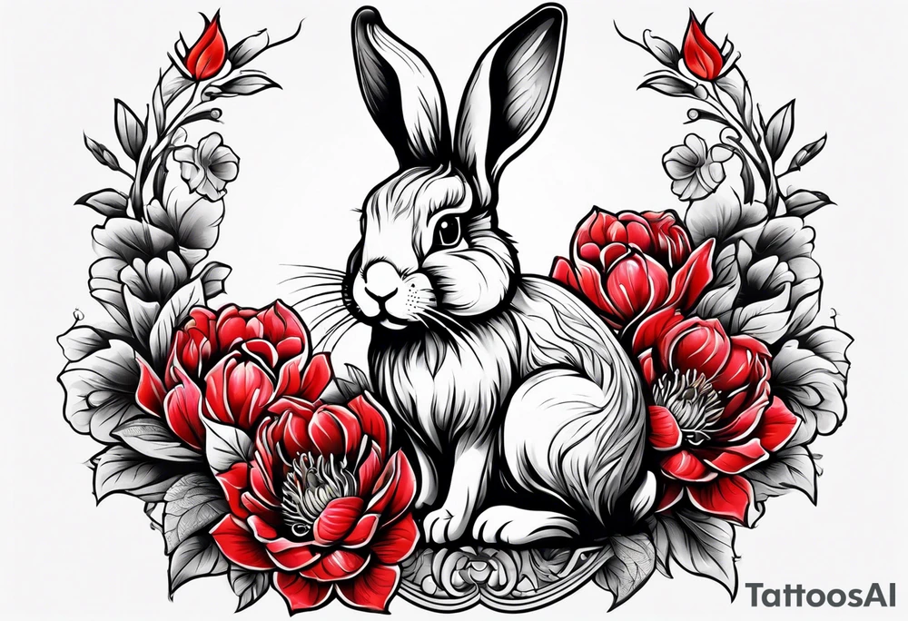 Rabbit on Red peony with dangling pearl necklace tattoo idea
