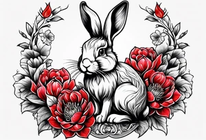 Rabbit on Red peony with dangling pearl necklace tattoo idea