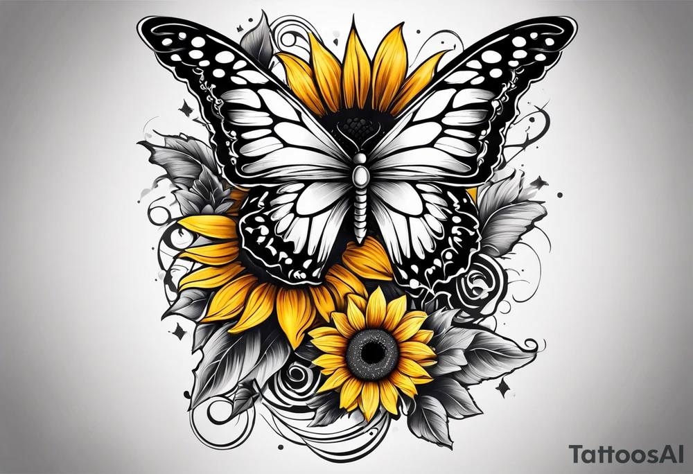 Arm sleeve with Winged cross with sunflower and butterflies tattoo idea