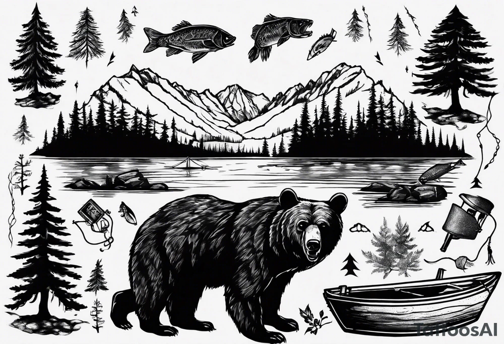 bear, forest, lake, small man on a fishing boat, appalachia tattoo idea