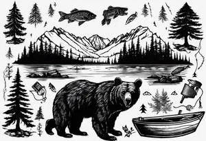 bear, forest, lake, small man on a fishing boat, appalachia tattoo idea