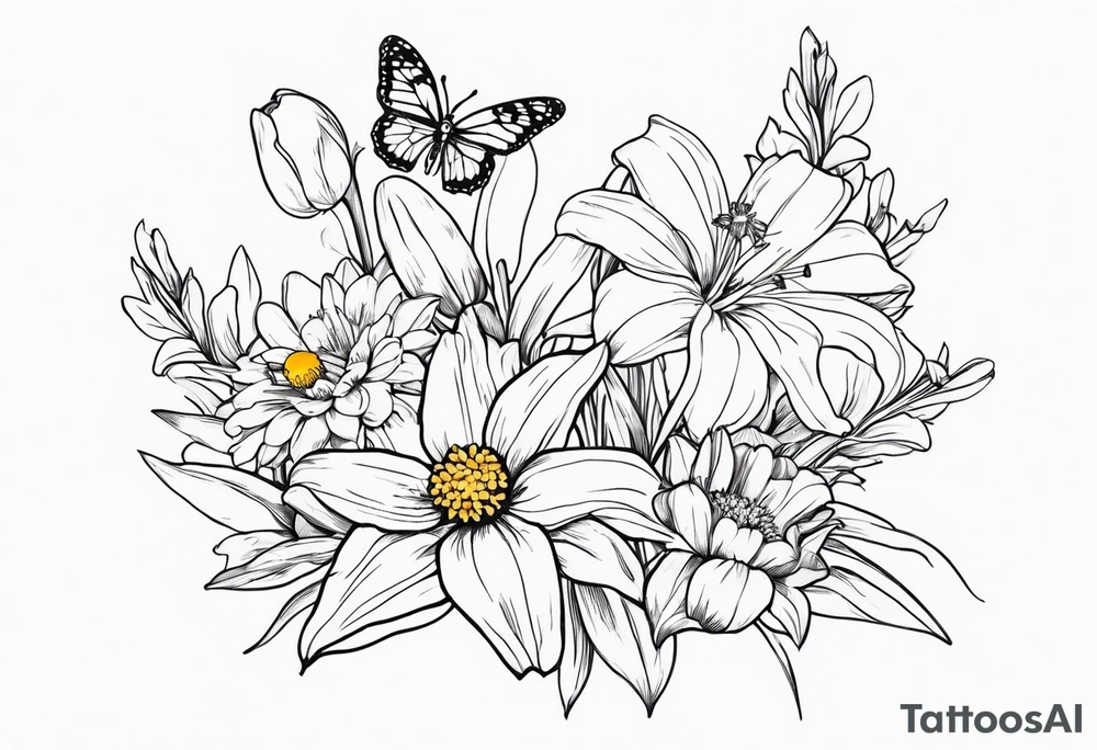 Wild flower of lily daisy and daffodil bouquet with butterfly 6-8 inches bi tattoo idea