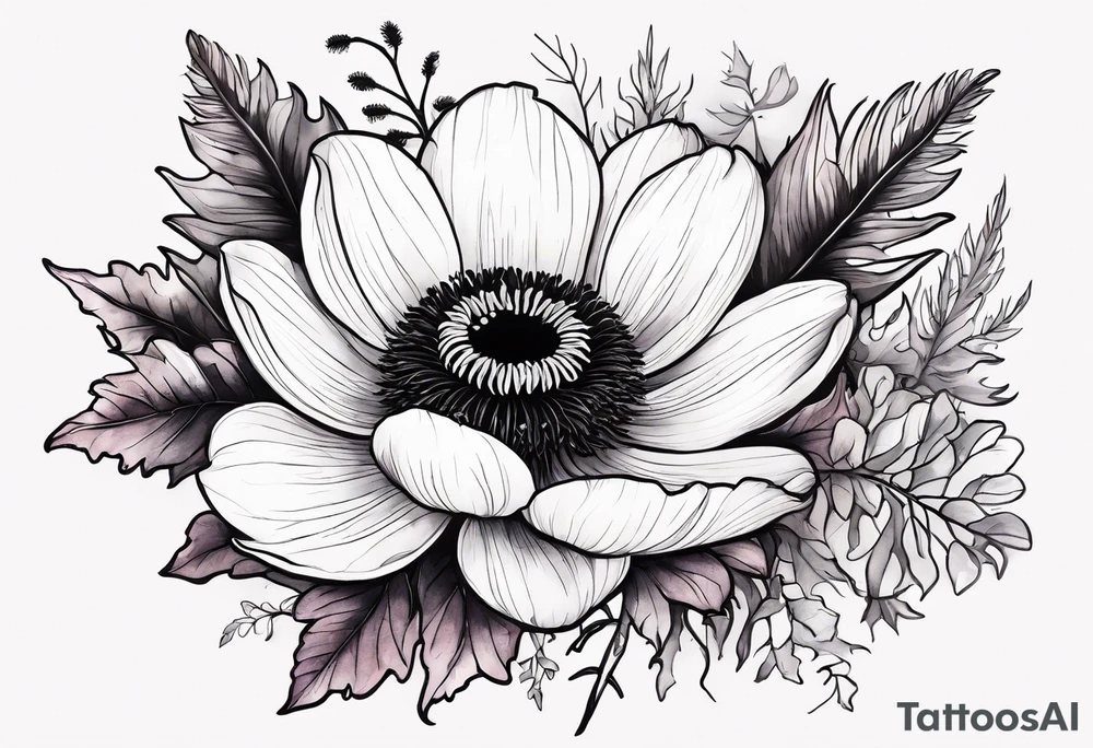 a white anemone with black center with thistles, ferns, sun flowers, red flowers, pink flowers, orange flowers, yellow flowers in watercolor tattoo idea