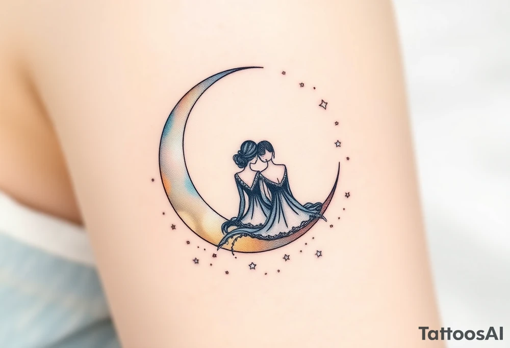 A crescent moon with a couple sitting together, wrapped in a starry sky. The moon is softly glowing with shades of silver and pale gold, with intricate dotwork creating a shimmering effect. Surrounding the moon, tiny stars twinkle in varying shades of soft blue, white, and silver, adding depth and magic to the design. The couple is outlined in minimalistic line work, with gentle shading to create a serene and intimate atmosphere. tattoo idea