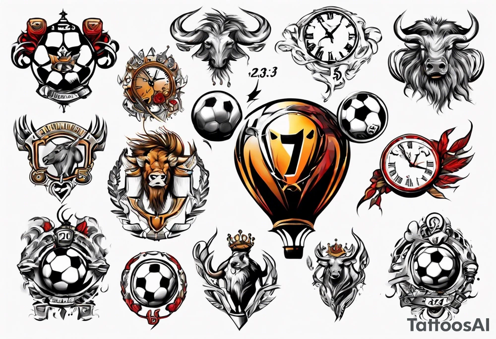 Ballon de foot avec le numéro23 ,  une horloge avec une couronne,  le tout avec au fond un taureau tattoo idea