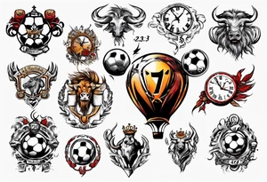 Ballon de foot avec le numéro23 ,  une horloge avec une couronne,  le tout avec au fond un taureau tattoo idea