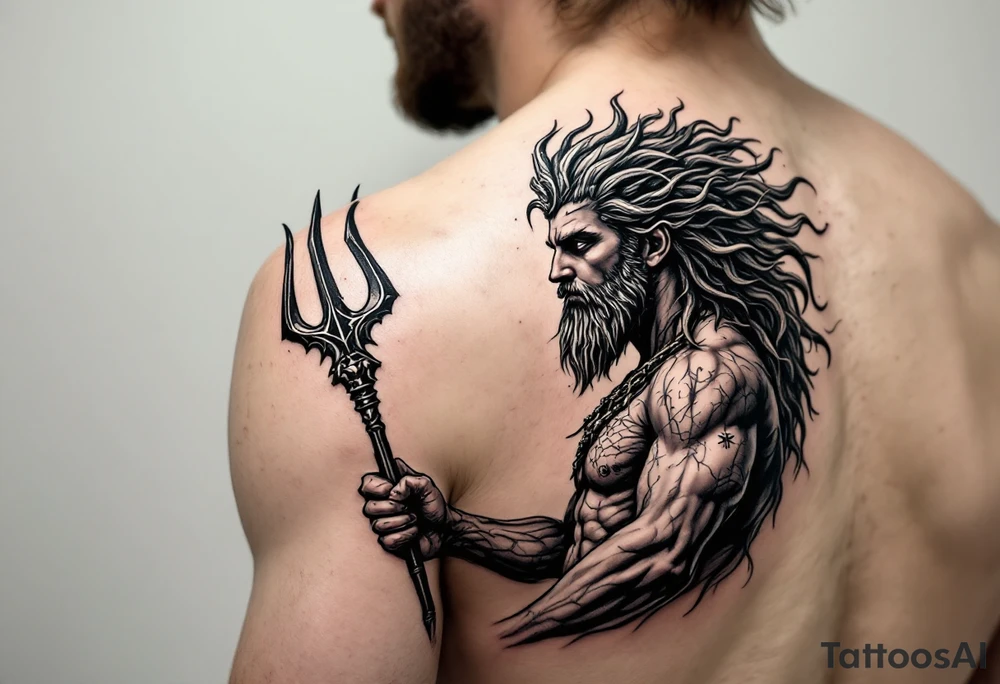 young poseidon, with trident, looking at the horizon tattoo idea