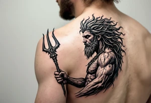 young poseidon, with trident, looking at the horizon tattoo idea