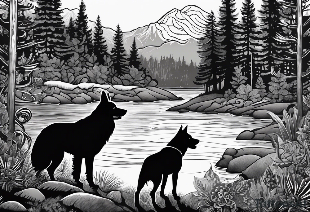 A shadow of a father and wife and young son and young daughter  of four and dog walking through the Pacific Northwest Forrest. Mexican art. Trust in God tattoo idea