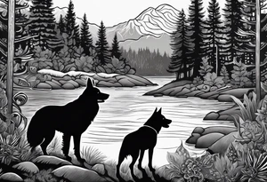 A shadow of a father and wife and young son and young daughter  of four and dog walking through the Pacific Northwest Forrest. Mexican art. Trust in God tattoo idea