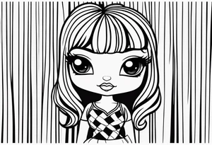 Bratz Doll Flash style Tattoo with black hair and curtain bangs, with a nose ring tattoo idea