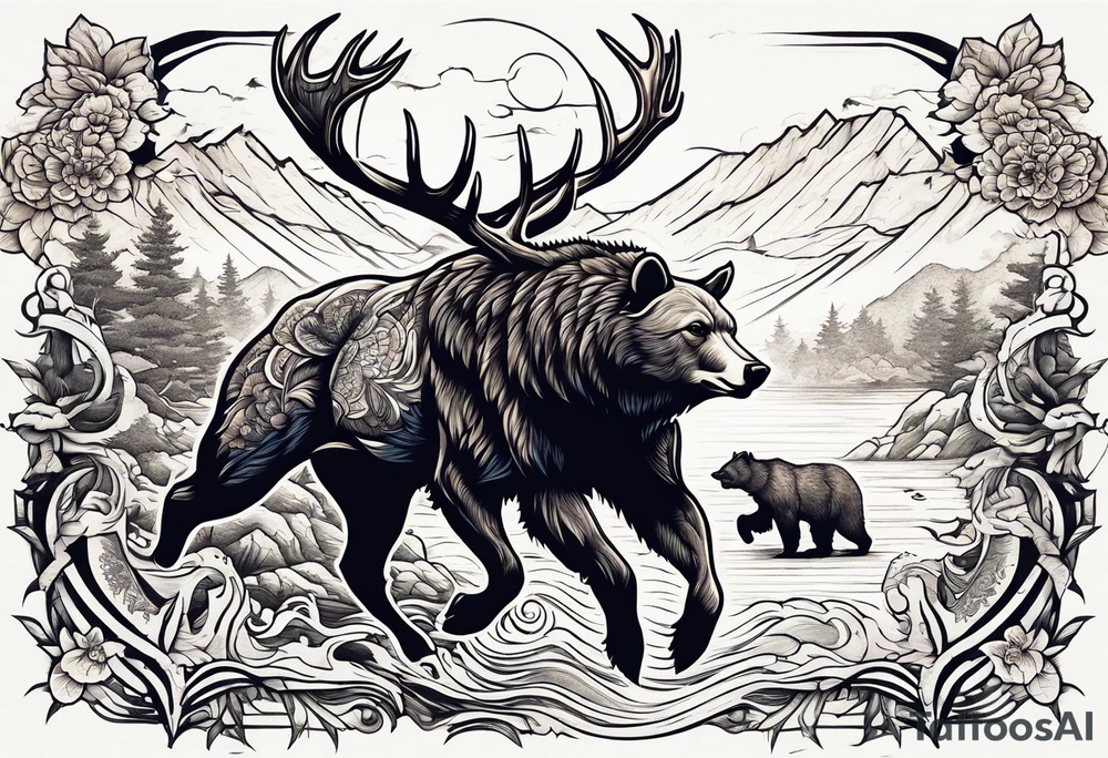 Hunter hunting deer being chased by a bear tattoo idea
