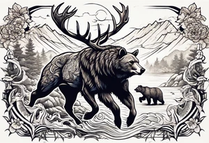 Hunter hunting deer being chased by a bear tattoo idea