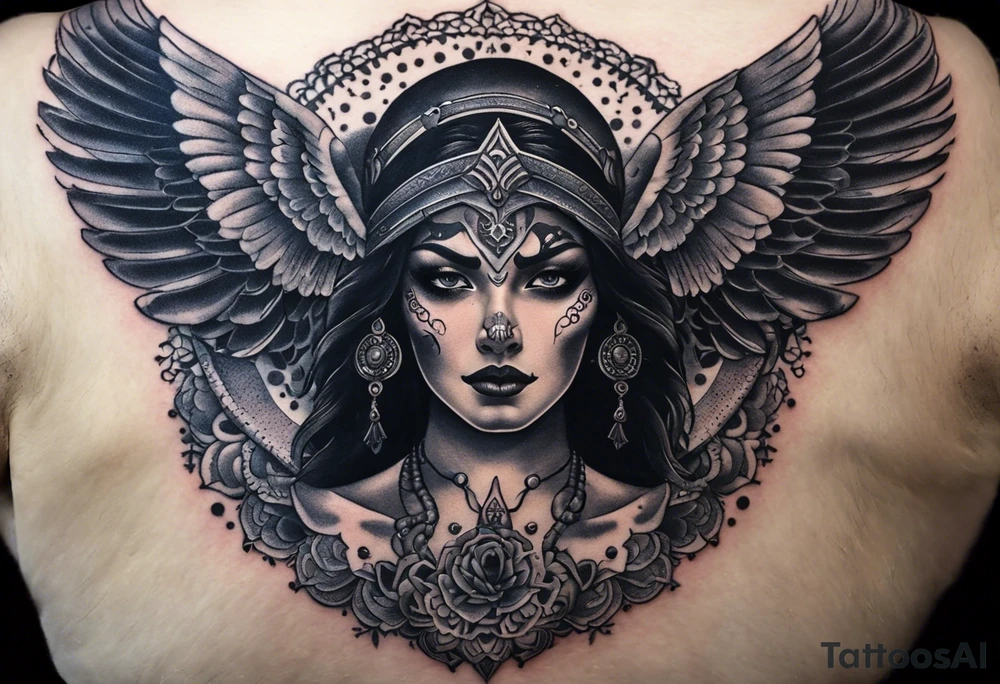 black kali, goddess pirate, alien, angel, pachamama, valkrye, warrior, flying, skull, lotus azul, wing, eagle, zenza resonance, stars, 5D, anahata chakra, death, durga, riding on a tiger, flying lady, chest tatoo tattoo idea