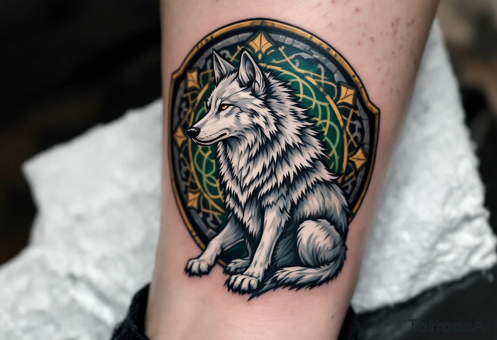 Guardian Wolf with Celtic Shield – A stoic wolf with light gray fur sits in front of a stone-textured Celtic shield with green and gold accents. tattoo idea