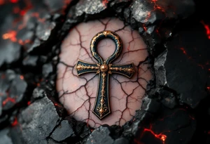 A black and copper ankh embedded into cracked stone with red energy veins surrounding it. tattoo idea