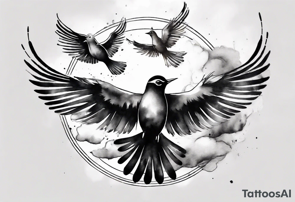 shoulder tattoo with light rays with birds flying free among the clouds, round shape, 3d effect tattoo idea