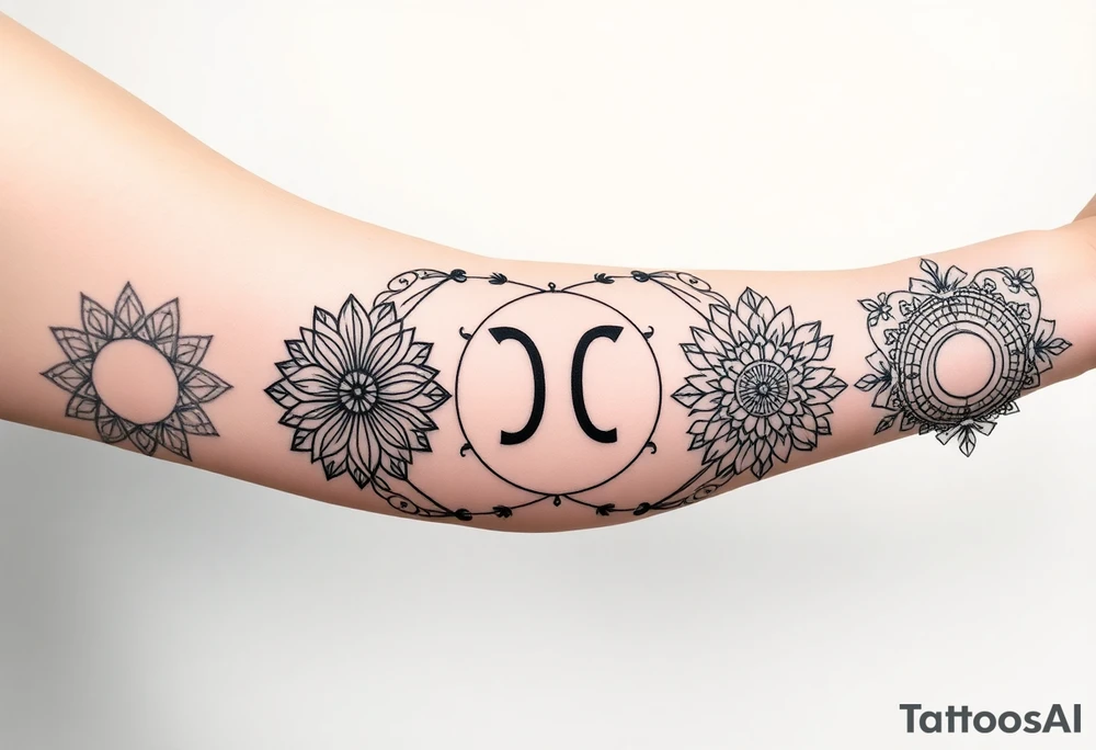 5 Geometric floral circles connected to reflect family unity. Two base elements for my husband and I, intertwined floral patterns like mirrored vines or spiral paisleys representing our identical twins, and a Gemini zodiac sign for my son. Use feminine-yet-bold linework and Interconnected elements tattoo idea
