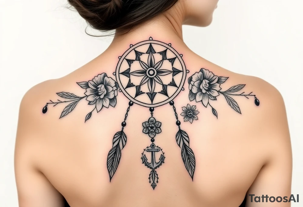 Boho dream catcher with compass and anchor Beautiful flowers and an ornamental chandelier like look tattoo idea