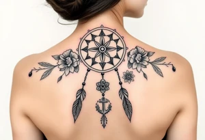 Boho dream catcher with compass and anchor Beautiful flowers and an ornamental chandelier like look tattoo idea
