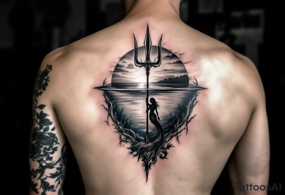 trident half way under calm water with sunset and mermaid tattoo idea