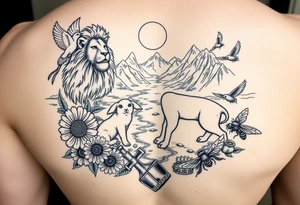 In beautiful heavenly mountain scene with streams and lakes a majestic lion interacts and protects a dove, a lamb,  a sunflower, a harp, a golden nugget, an ancient hammer, a crown, and honeybees tattoo idea