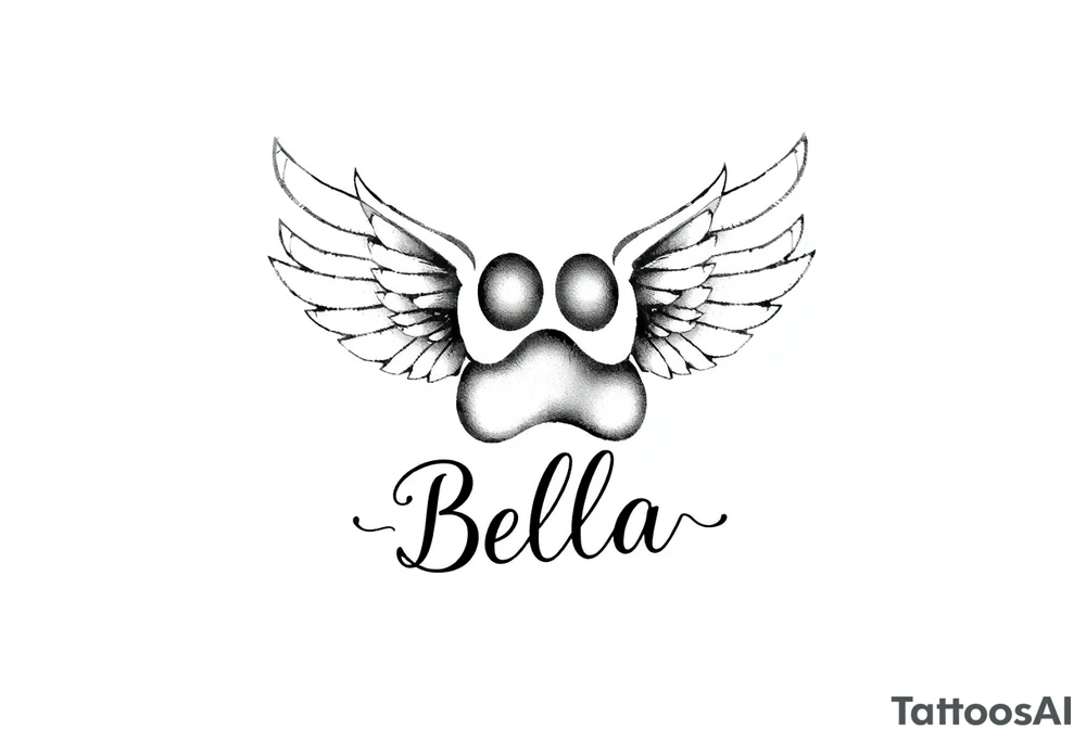 Dog print with small angel wings and the name Bella tattoo idea