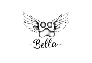 Dog print with small angel wings and the name Bella tattoo idea