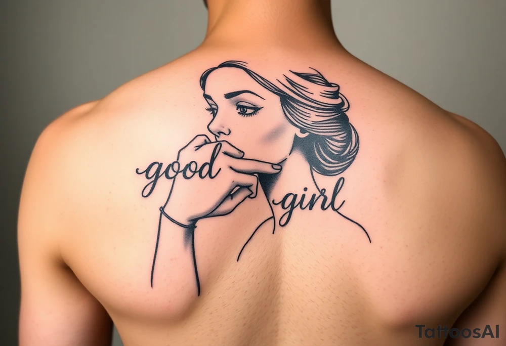 Obedient woman with a man’s hand squeezing her face and thumb in her mouth. Text saying “good girl” in traditional style over top tattoo idea