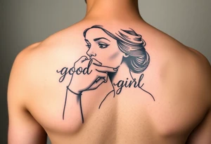 Obedient woman with a man’s hand squeezing her face and thumb in her mouth. Text saying “good girl” in traditional style over top tattoo idea