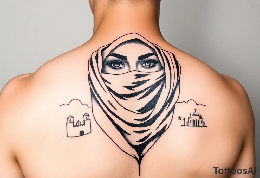 Arab woman with scarf over face with el paso tx culture in background tattoo idea