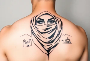 Arab woman with scarf over face with el paso tx culture in background tattoo idea