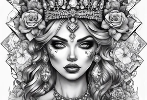 Fancy queen zombie diamonds and gemstones full sleeve tattoo idea