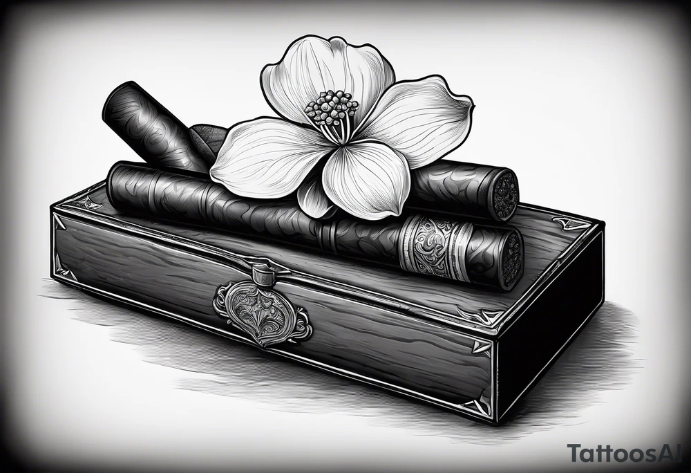 A simple vintage cigar box with a dogwood flower next to it as well as a lit cigar tattoo idea