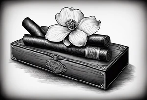 A simple vintage cigar box with a dogwood flower next to it as well as a lit cigar tattoo idea