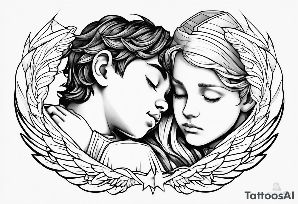 A boy laying his head on an angel’s shoulder tattoo idea