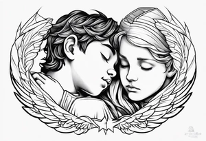 A boy laying his head on an angel’s shoulder tattoo idea