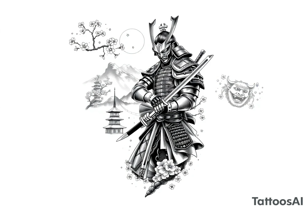 Design an all-black full arm sleeve tattoo featuring a Japanese samurai in full armor with a katana, positioned dynamically. Surrounding the samurai are flowing cherry blossoms, a misty mountain range, and traditional Japanese structures like a pagoda. On the inner forearm, include a detailed Oni mask with sharp features and exaggerated shading. Use dark, dense black ink to create depth, with smooth transitions between the elements, blending the samurai, blossoms, mask, and mountains into a cohesive, flowing design tattoo idea