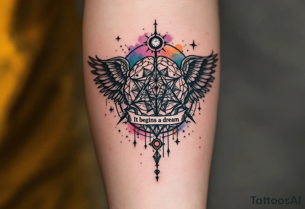 Tattoo inspired in the creativity of a gifted brain, with few watercolor details but mostly black, symbols flying arround, the phrase "It begins with a dream", and wings behind tattoo idea