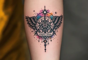 Tattoo inspired in the creativity of a gifted brain, with few watercolor details but mostly black, symbols flying arround, the phrase "It begins with a dream", and wings behind tattoo idea